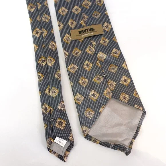 BRUTUS Men's Denim Blue Ivory Geometric Art Striped Necktie Silk Diamond Classic - Picture 5 of 10